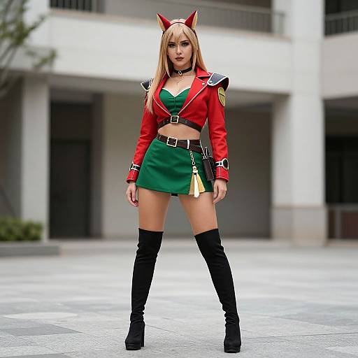 Cosplayer in a red jacket, green mini-skirt, black thigh-high boots, and fox ears stands confidently in front of a modern building. Phot