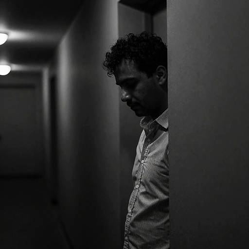 Mysterious Man in Dimly Lit Hallway