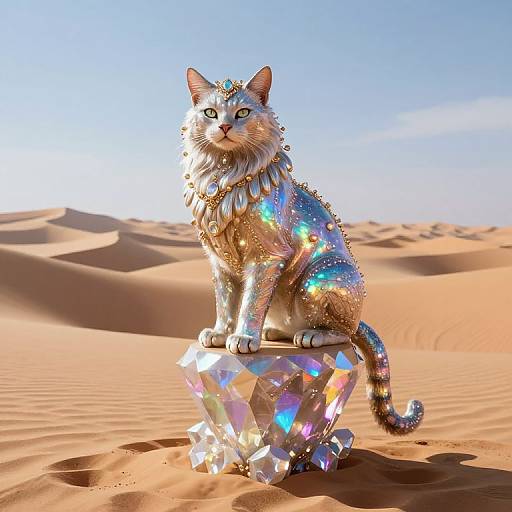 Photorealistic CGI of a shimmering, jewel-encrusted cat sitting on a crystal pedestal in a sunlit desert with golden sand dunes