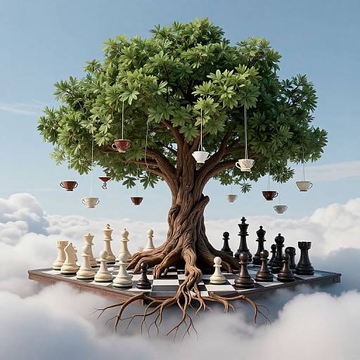 Digital artwork of a whimsical tree with green leaves, hanging teacups, and a floating chessboard on a cloud background.