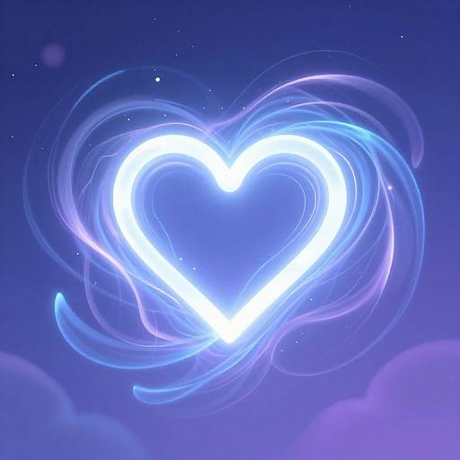 Digital artwork of a glowing, white heart-shaped light against a deep blue, starry night sky with wispy, ethereal blue and purple lights swirling