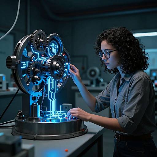 Photograph of a curly-haired woman with glasses, wearing a gray shirt, adjusting a glowing blue circuit board in a dimly lit industrial lab.