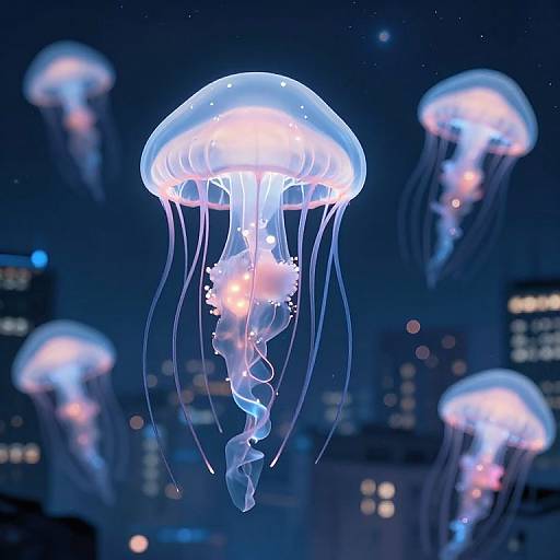 Photograph of glowing blue and pink jellyfish floating in a dark, illuminated aquarium with blurred city lights in the background.