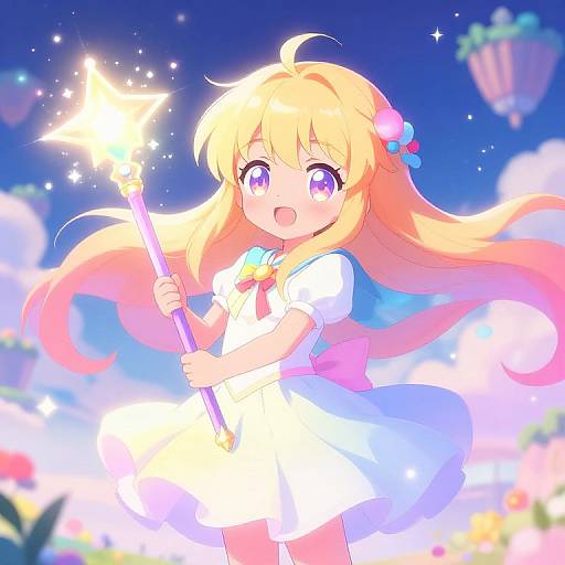 Anime-style digital illustration of a cute blonde girl with long hair, holding a glowing star-topped wand, wearing a white dress with a blue bow,