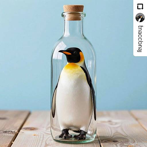 Photograph of a small penguin in a clear glass bottle with a cork stopper, standing on wooden planks against a blue background. 