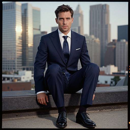 Photograph of a handsome, dark-haired man in a navy suit, white shirt, and black tie, sitting on a rooftop edge, city skyline with