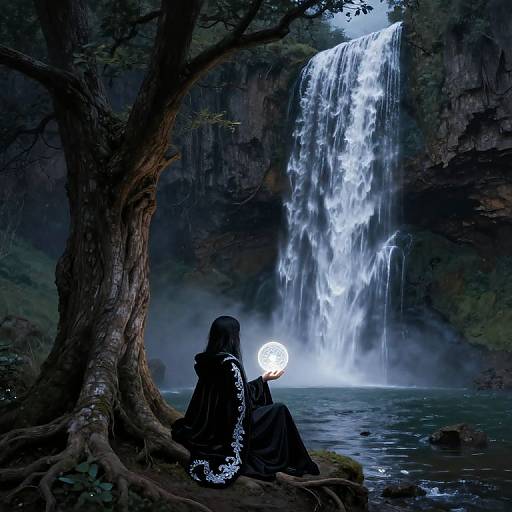 Mysterious figure in black robe holds glowing orb, sits under tree, watches illuminated waterfall at night in dark, misty forest.