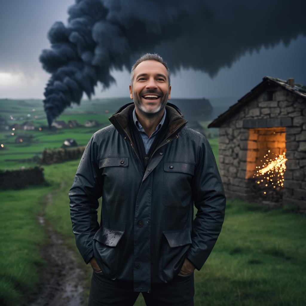 Joyful Man Amidst Stormy Village Ashes