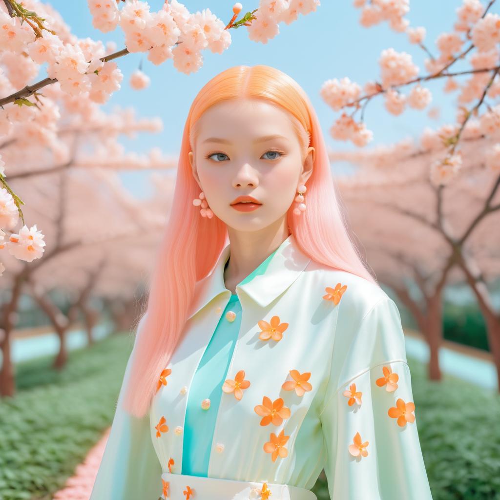 Albino Model Amidst Cherry Blossoms