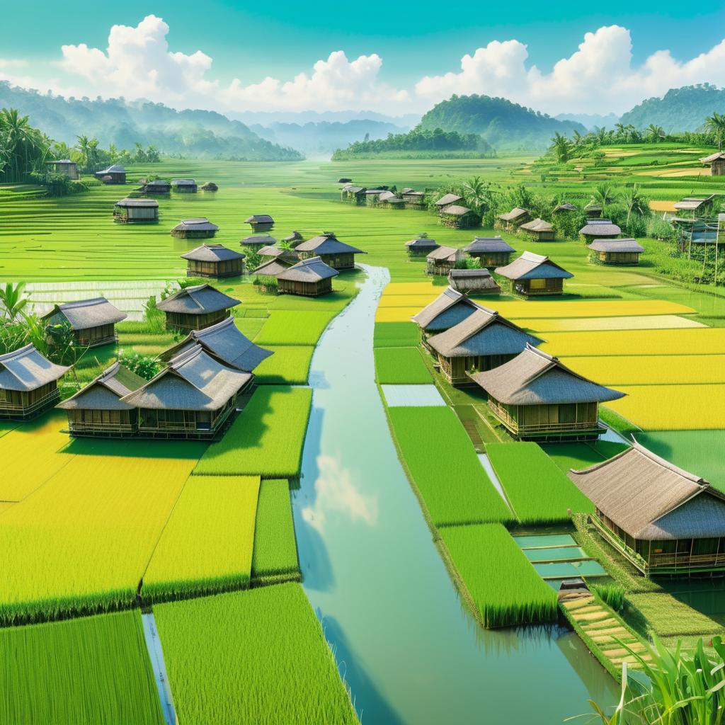 Tranquil Floating Village in Lush Fields