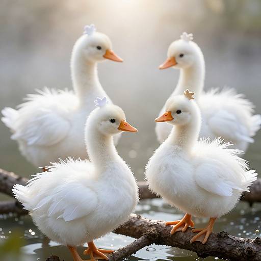 Photograph of four fluffy white ducklings with orange beaks and feet, standing on a branch, illuminated by soft sunlight, with a blurred, mist