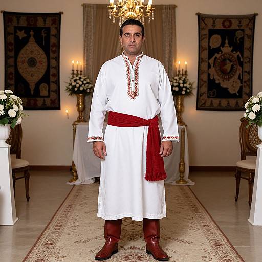 Photograph of a South Asian man in traditional white kurta with red embroidery and red sash, standing in a decorated room with chandelier, candles
