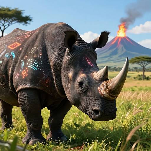 Glowing Geometric Rhino in Savanna