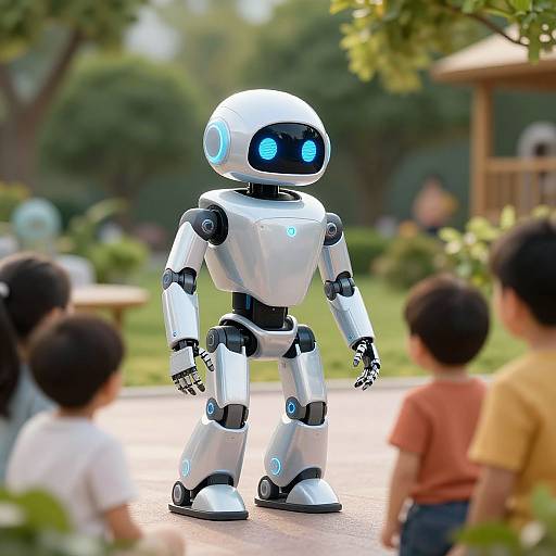 Photograph of a white, glowing-blue-eyed robot standing outdoors, surrounded by blurred children in a sunny garden with greenery.