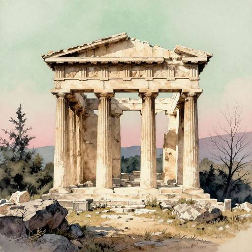Detailed digital painting of a weathered, ancient Greek temple with four crumbling columns, set amidst rocky terrain and sparse trees.
