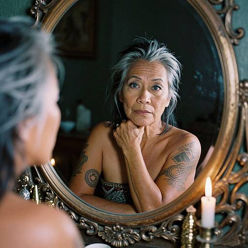 Photograph of an older woman with gray hair, tattoos, and a contemplative expression, reflected in an ornate, oval, candlelit mirror.