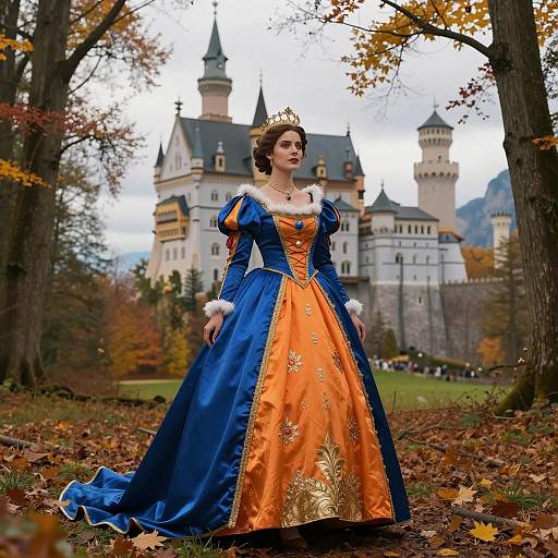 Woman in Regal Gown by Castle in Autumn