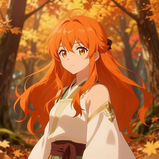 Anime-style digital drawing of a young girl with long orange hair, amber eyes, wearing a white kimono with black obi, standing in a vibrant