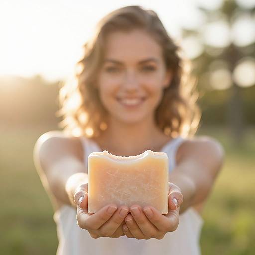 Photograph of smiling brunette woman with wavy hair, wearing white sleeveless top, holding out a block of cheese in sunlit field.
