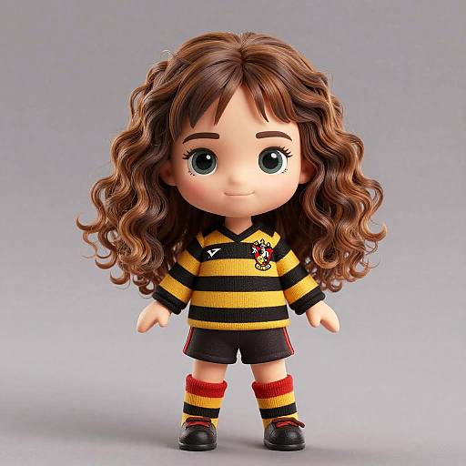 Chibi-style doll with long brown curly hair, wearing a black and yellow striped soccer jersey, black shorts, red and yellow socks, and black shoes