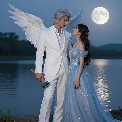 Photograph of a silver-haired angelic man in white suit with wings, holding a hammer, gazing at a black-haired woman in blue off-