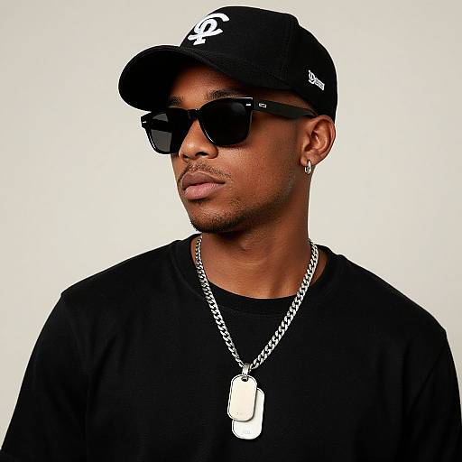 Photograph of a confident Black man in black cap, sunglasses, black shirt, dog tags, and hoop earring, against a white background.