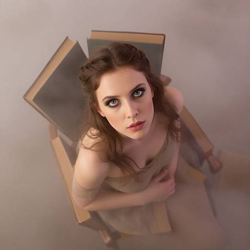 Photograph of a pale-skinned, brown-haired woman with striking blue eyes, wearing a sheer beige dress, seated on a wooden chair with open books