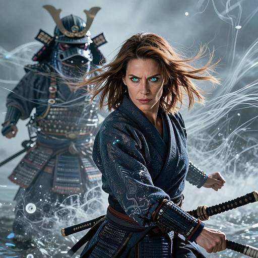 Digital art of fierce, blue-eyed woman in dark, patterned kimono, holding katana, with samurai in armor, smoke, and glowing