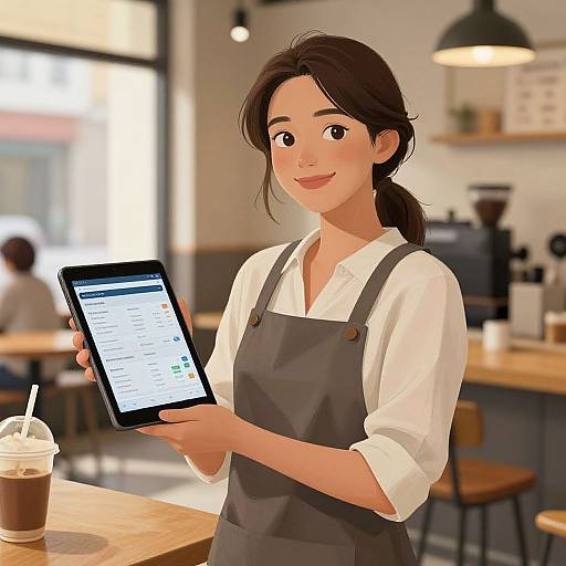Digital illustration of a smiling Asian woman with brown hair in a ponytail, wearing a white shirt and gray apron, holding a tablet in a bright