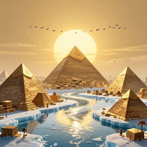 Photograph-style CGI: Sunlit pyramids with birds flying, surrounded by icy rivers, with scattered wooden crates and structures, creating a surreal ancient-E