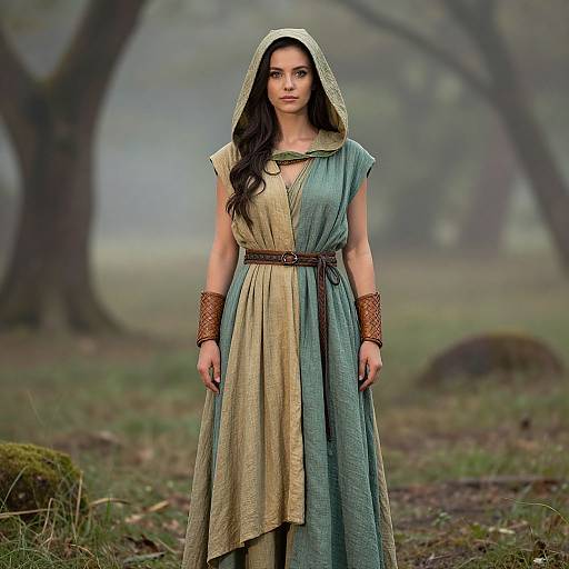 Photograph of a dark-haired woman in a medieval-style, two-tone dress with hood, brown arm cuffs, standing in a misty forest.