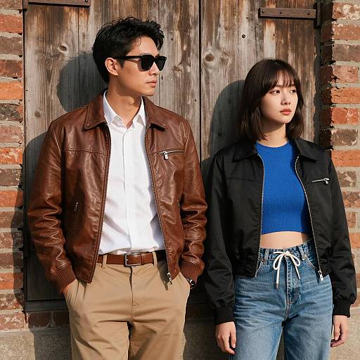 Stylish Duo Against Rustic Backdrop