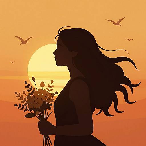 Silhouetted woman with long hair holding flowers against a vibrant orange sunset, birds flying in the background. Digital art.