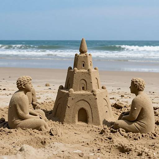 Photograph of two sand sculptures of classical statues, sitting on a sandy beach, surrounding a tall, detailed sandcastle with a pointed spire, overlooking