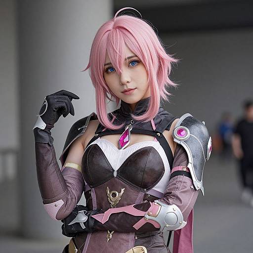Photograph of a woman with pink hair and blue eyes, wearing a futuristic, dark brown and white armored cosplay outfit with pink accents, black gloves,