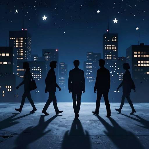 Silhouetted cityscape photograph of four people walking on a rooftop at night, with illuminated skyscrapers and twinkling stars in the background.