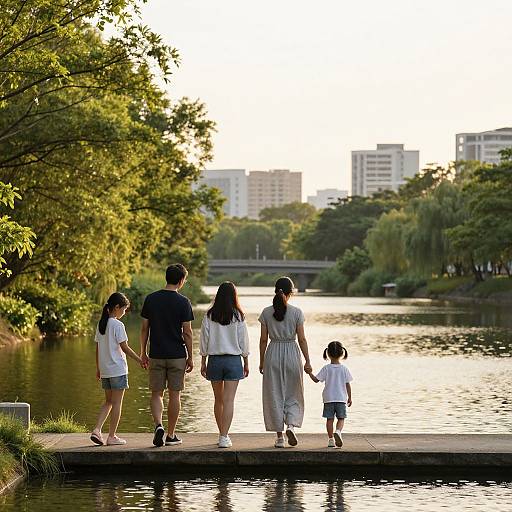 Photograph of a family with two adults and two children walking hand-in-hand along a lakeside path, surrounded by trees and city buildings in the background