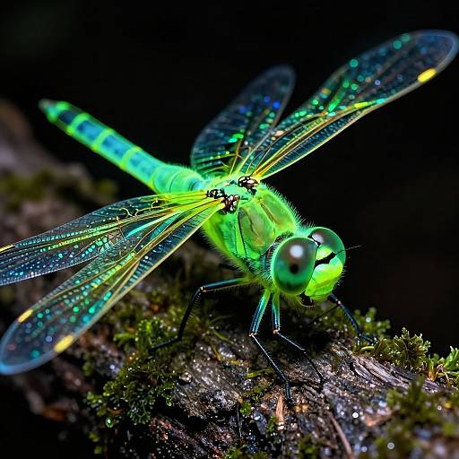 Close-up photograph of a vibrant green dragonfly with iridescent wings, perched on moss-covered wood against a dark background.