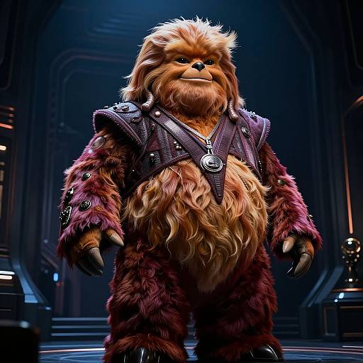 Photograph of a Chewbacca costume from Star Wars, featuring a shaggy brown and red fur suit with a purple armored vest and metallic accents