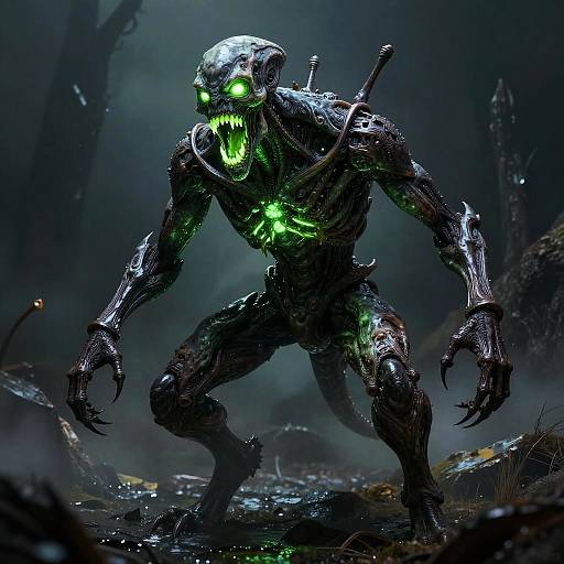 CGI horror creature with glowing green eyes and mouth, skeletal white skull, black scaly body, sharp claws, standing menacingly in dark, fog