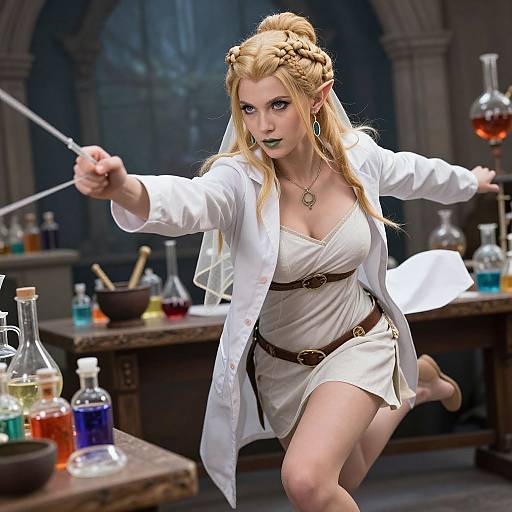 Digital fantasy art: Blonde elf woman in white dress and lab coat, mixing potions in a dimly lit, medieval-style laboratory.