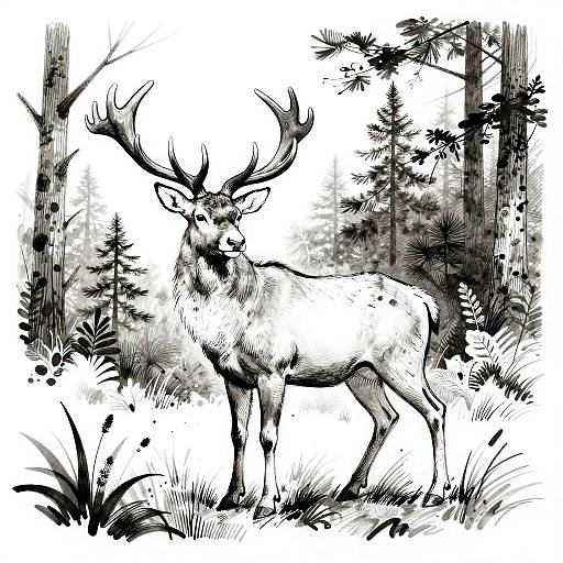Bold Ink Stag in Forest Clearing
