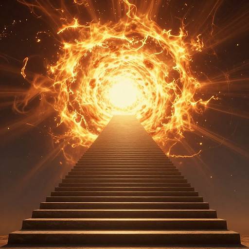 Photograph of a towering staircase ascending into a blazing, fiery vortex of intense orange and yellow flames against a dark background.
