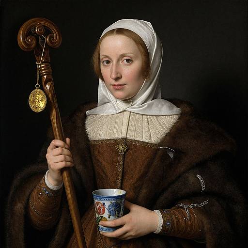Renaissance portrait of a fair-skinned woman in brown fur robe, white headdress, holding a wooden staff with gold medallion and blue