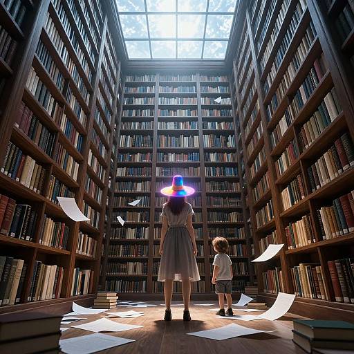 Photograph of a mother and child in a vast, lit library with tall wooden bookshelves, papers scattered, and the mother wearing a glowing blue