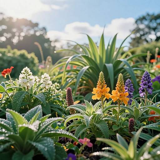 Vibrant photograph of a sunlit garden with dewy green foliage, orange and purple flowers, and a blue sky background. Sunlight filters through