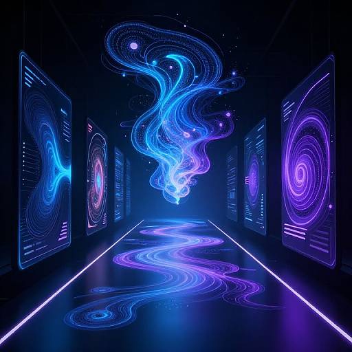 Neon-lit futuristic hallway with glowing blue and purple swirling patterns on walls and floor, illuminated by vibrant, ethereal light.