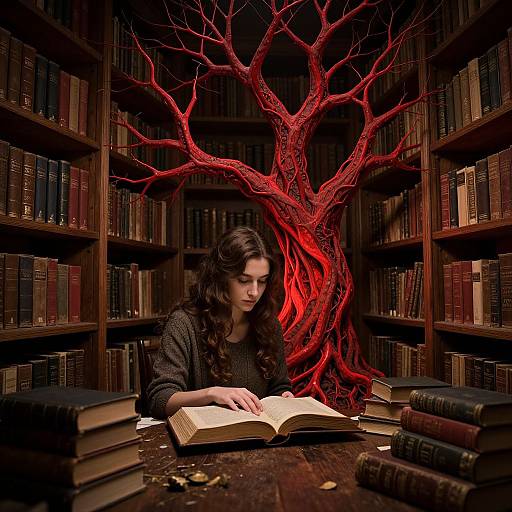 Photograph: Dark-haired woman in black sweater reading book, surrounded by bookshelves, with red, glowing, tree-like branches behind her.