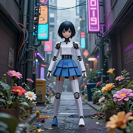 CGI anime-style girl with black hair, robotic white outfit, blue skirt, and knee-high boots stands in a neon-lit, flower-lined urban