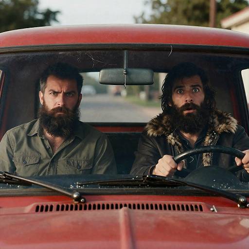 Intense Portrait of Bearded Men In Truck